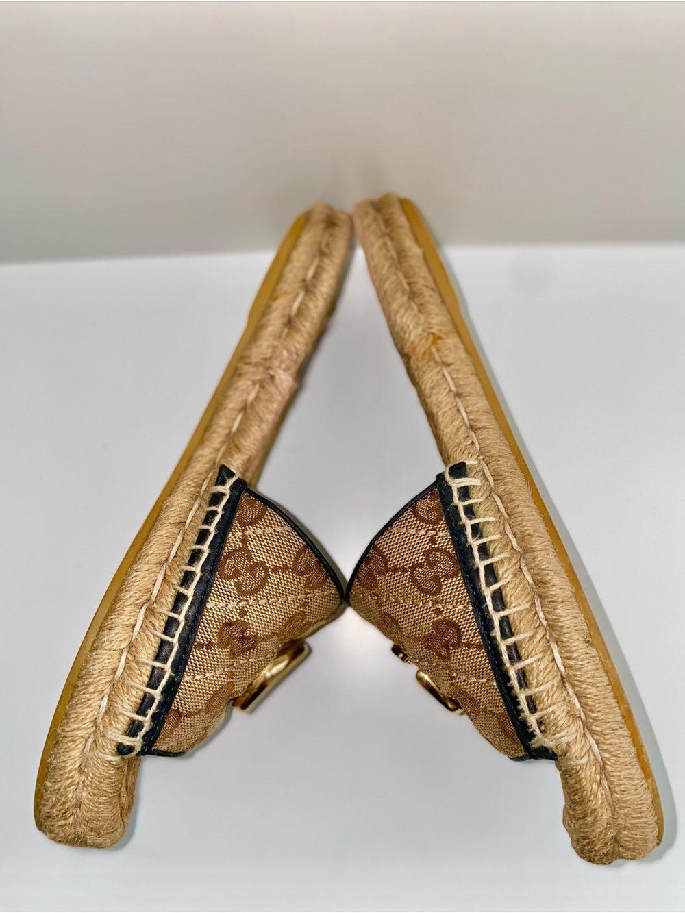 Authentic Gucci Beige Monogram Slide Espadrille with Gold GG - Picture 4 of 15